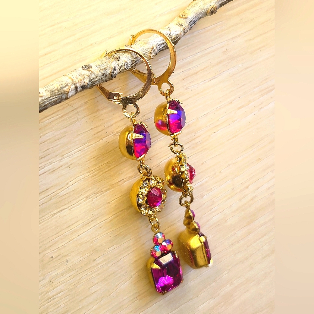 Victorian Fuchsia & Pink AB Swarovski & Flower Crystals In Long Ornate Earrings - Picture 5 of 8